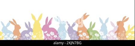 Happy Easter Vector Seamless Background With Colorful Easter Bunny Silhouette Isolated On A White Background. Horizontally Repeatable. Stock Vector