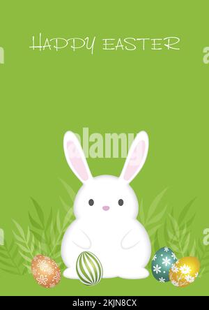 Easter Background Vector Illustration With An Easter Bunny, Colorful Eggs, And Text Space Isolated On A Green Background. Stock Vector