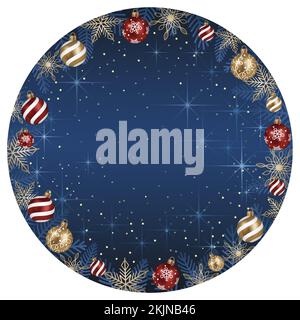 Abstract Vector Round Frame Illustration With Christmas Balls And Luminous Blue Background Isolated On A White Background. Stock Vector