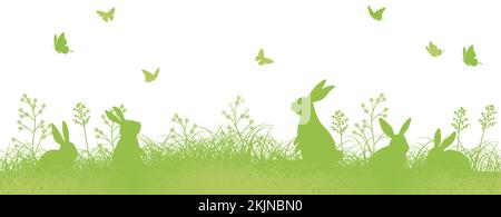 Easter Seamless Vector Background Illustration With Rabbit Silhouettes In A Grassy Field. Horizontally Repeatable. Stock Vector