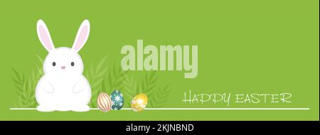Easter Background Vector Illustration With An Easter Bunny, Colorful Eggs, And Text Space Isolated On A Green Background. Stock Vector