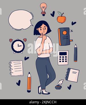 Thoughtful girl with thought bubble. Nearby is calculator, notepad, pencils, light bulb, alarm clock. Collection vector colored doodles. Isolated busi Stock Vector