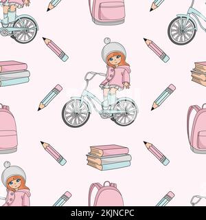 GIRL ON BIKE School Education Seamless Pattern Vector Illustration For Print Stock Vector