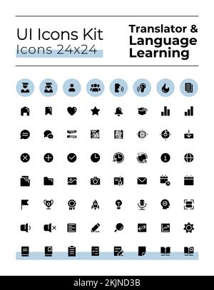 Translator black glyph ui icons set Stock Vector
