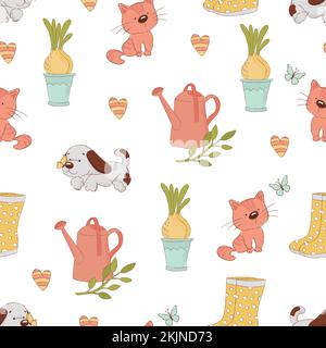 GARDEN CRAFT Spring Season Nature Garden Work Holiday Cartoon Hand Drawn Seamless Pattern Vector Illustration For Print Stock Vector