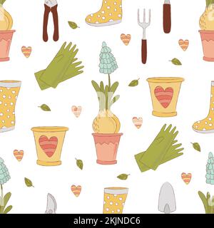 GARDENING CRAFT Spring Season Nature Garden Work Holiday Cartoon Hand Drawn Seamless Pattern Vector Illustration For Print Stock Vector