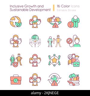 Inclusive growth and sustainable development RGB color icons set Stock Vector