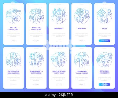 Remove barriers blue gradient onboarding mobile app screen set Stock Vector