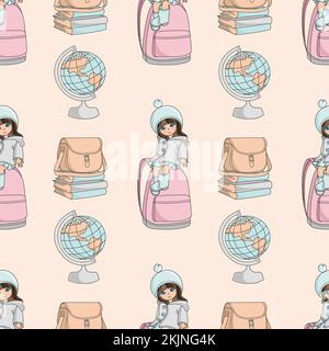 GIRL AND GLOBE School Education Seamless Pattern Vector Illustration For Print Stock Vector