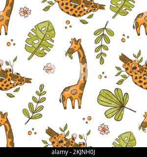 GIRAFFE AND LEOPARD Cute Cartoon Tropical African Animals Hand Drawn Grunge Style Seamless Pattern Vector Illustration For Print Stock Vector