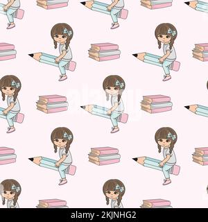 GIRL ON PENCIL School Education Seamless Pattern Vector Illustration For Print Stock Vector