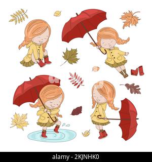 GIRLS AND UMBRELLAS Autumn Characters Different Actions Of Cute Red Haired Girl With Red Umbrella Resting In Nature Cartoon Vector Illustration Set Fo Stock Vector
