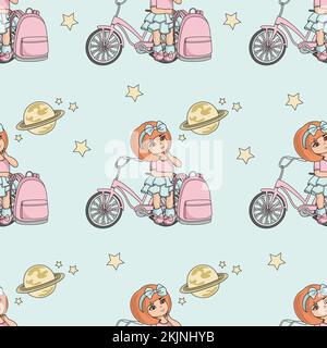 GIRL AND PLANET School Astronomic Education Seamless Pattern Vector Illustration For Print Stock Vector
