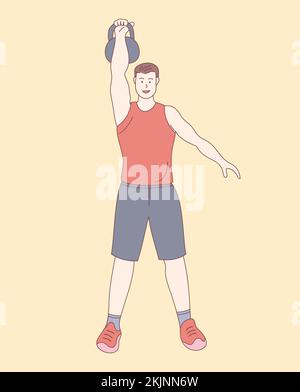 man lifting kettlebell in gym standing with outline or line and clean simple style vector illustration Stock Photo