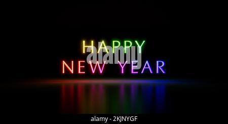 Happy New Year text in rainbow colors isolated on black background. 3d illustration, 3d rendering Stock Photo