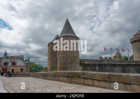 The mighty walls and towers of the medieval castle in Fougeres, France Stock Photo