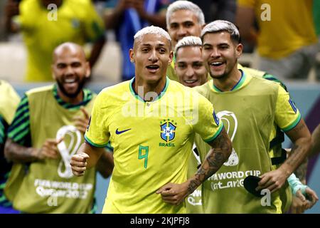 LUSAIL CITY - Richarlison of Brazil celebrates the 1-0 during the FIFA World Cup Qatar 2022 group G match between Brazil and Serbia at Lusail Stadium on November 24, 2022 in Lusail City, Qatar. AP | Dutch Height | MAURICE OF STONE Credit: ANP/Alamy Live News Stock Photo