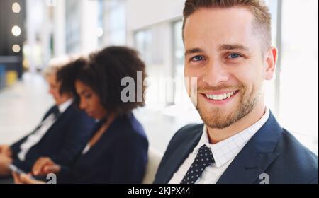 Businessman, portrait and meeting with team for business stratergy collaboration, interracial teamwork and collaboration in office. Diversity, happy Stock Photo