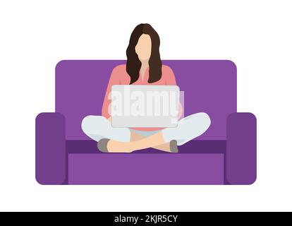 Woman with laptop on sofa. Long hair, no face, vector illustration. Stock Vector