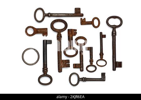 old keys set isolated on a white background Stock Photo