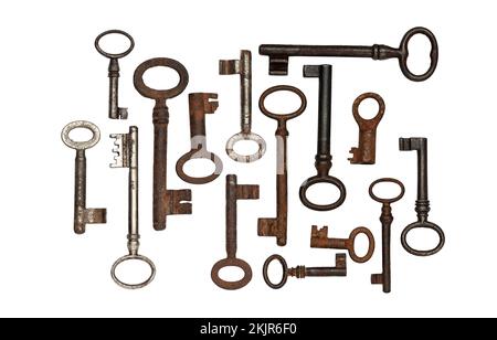 old keys set isolated on a white background Stock Photo