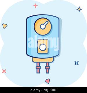 Gas boiler icon in comic style. Heater cartoon vector illustration on isolated background. Boiling splash effect sign business concept. Stock Vector