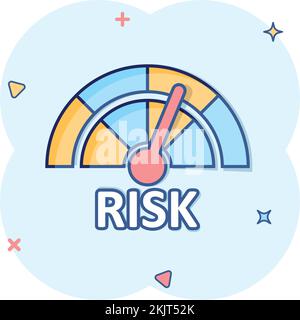 Risk meter icon in comic style. Rating indicator cartoon vector illustration on white isolated background. Fuel level sign splash effect business conc Stock Vector