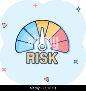 Risk meter icon in comic style. Rating indicator cartoon vector illustration on white isolated background. Fuel level sign splash effect business conc Stock Vector