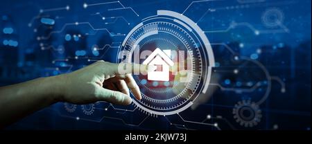 User hand touching circular futuristic digital interface of smart home automation control system. Automation assistant, Innovation technology, Stock Photo