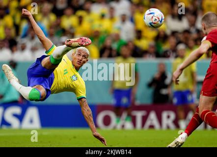 Doha, Qatar, 24th November 2022. Richarlison of Brazil scores the second goal during the FIFA World Cup 2022 match at Lusail Stadium, Doha. Picture credit should read: Florencia Tan Jun / Sportimage Stock Photo