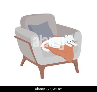 Cute cat resting in armchair semi flat color vector character Stock Vector