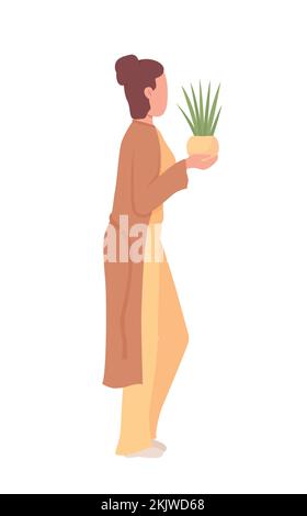 Woman holding potted plant semi flat color vector character Stock Vector