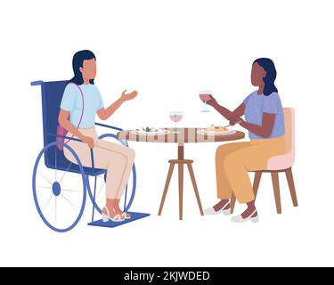 Disabled lady with friend in cafe semi flat color vector characters Stock Vector