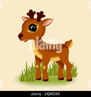 Cartoon little deer on the grass. Cute animal illustration. Deer baby. Vector illustration. Stock Vector