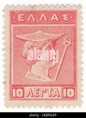 GREECE - 1911: An 10 leptas carmine rose postage stamp depicting Hermes, from Old Cretan. Designs are from Cretan and Arcadian coins of the 4th Century, B.C., Olympian deity in ancient Greek religion and mythology. Member of the Twelve Olympians. Hermes is considered the herald of the gods. He is also considered the protector of human heralds, travellers, thieves, merchants, and orators. He is able to move quickly and freely between the worlds of the mortal and the divine, aided by his winged sandals Stock Photo