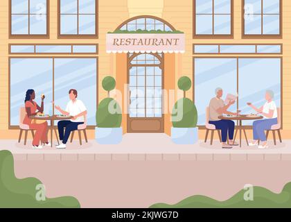 Having cozy dinner on restaurant terrace flat color vector illustration Stock Vector