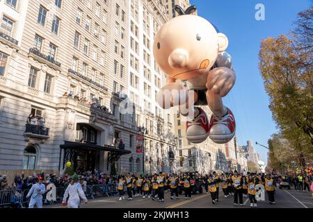 New York, USA. 24th Nov, 2022. NEW YORK, NEW YORK - NOVEMBER 24: The Greg Heffley 'Diary of a Wimpy Kid' balloon moves through the 96th Annual Macy's Thanksgiving Day Parade on November 24, 2022 in New York City. Credit: Ron Adar/Alamy Live News Stock Photo