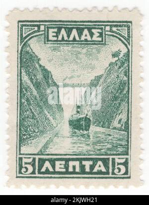 GREECE - 1927 April 1: An 50 lepta violet postage stamp depicting Corinth Canal, artificial canal in Greece, that connects the Gulf of Corinth in the Ionian Sea with the Saronic Gulf in the Aegean Sea. It cuts through the narrow Isthmus of Corinth and separates the Peloponnese from the Greek mainland, arguably making the peninsula an island. The canal was dug through the Isthmus at sea level and has no locks. It is 6.4 kilometres (4 miles) in length and only 24.6 metres (80.7 feet) wide at sea level, making it impassable for many modern ships Stock Photo