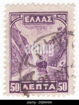 GREECE - 1927 April 1: An 50 lepta violet postage stamp depicting Corinth Canal, artificial canal in Greece, that connects the Gulf of Corinth in the Ionian Sea with the Saronic Gulf in the Aegean Sea. It cuts through the narrow Isthmus of Corinth and separates the Peloponnese from the Greek mainland, arguably making the peninsula an island. The canal was dug through the Isthmus at sea level and has no locks. It is 6.4 kilometres (4 miles) in length and only 24.6 metres (80.7 feet) wide at sea level, making it impassable for many modern ships Stock Photo