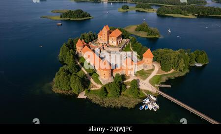 An aerial of the picturesque Trakai Island Castle in Lithuania on lake Galve