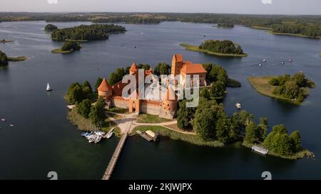 An aerial of the picturesque Trakai Island Castle in Lithuania on lake Galve
