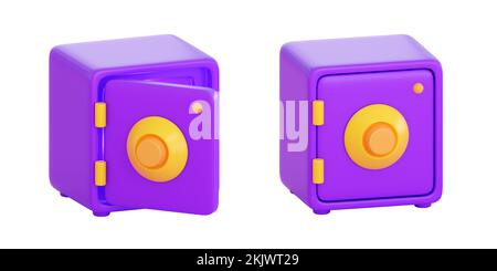 3d safe icons in plastic style set. Open and close door. Money, stock exchange, business investment, security, trading and finance concept. Realistic Stock Photo