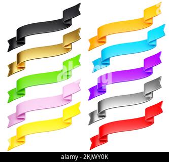 3d label ribbons set. Glossy colorful blank plastic banner for advertisment, promo and decoration elements. Black gold silver, orange purple red, blue Stock Photo