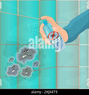 Hand with disinfectant bottle for removing mold and bacteria on dirty wall. Humidity, damp, moisture, fungi and mildew problem. Health hazard. Vector Stock Vector
