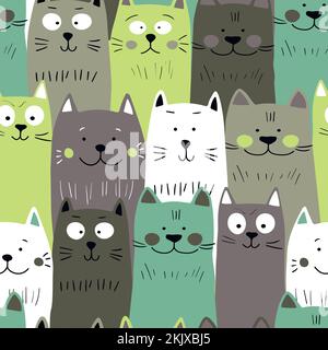 Seamless pattern with cute kitten print. Different scandy cats on color background. Scandinavian style illustration for kids. Vector illustration for Stock Vector