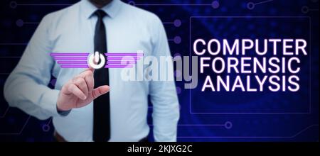 Text caption presenting Computer Forensic Analysis. Business overview evidence found in computers and storage media Stock Photo