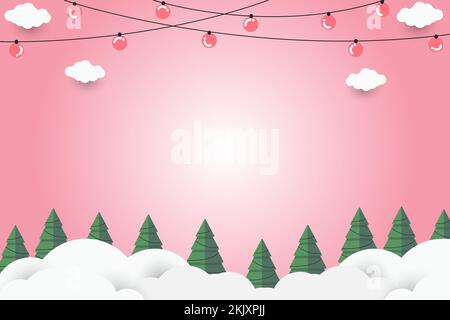 green christmas tree on pink paper art abstract background with sky and line design for Merry christmas, poster card, banners, gift card, christmas Stock Vector