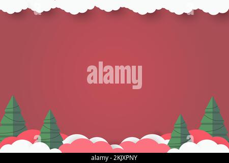 green christmas tree on red paper art abstract background with sky and line design for Merry christmas, poster card, banners, gift card, christmas Stock Vector