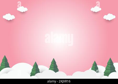 green christmas tree on pink paper art abstract background with sky and line design for Merry christmas, poster card, banners, gift card, christmas Stock Vector