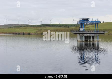 Crane operated drawdown at Llyn Brenig Reservoir, Wales, UK Stock Photo